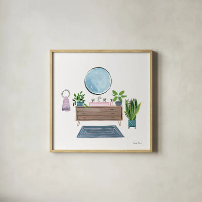 Green Bathroom I by Farida Zaman. Shown in a natural wood glass frame for a timeless modern aesthetic. Available as an archival giclee rolled canvas, fine art paper, or poster print. SKU 57349a.