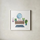 Green Bathroom I by Farida Zaman. Shown in a crisp white glass frame for a clean and minimalist style. Available as an archival giclee rolled canvas, fine art paper, or poster print. SKU 57349a.