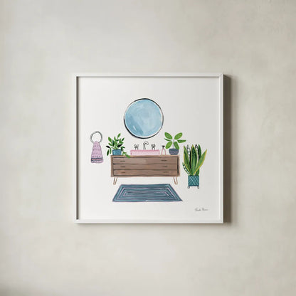 Green Bathroom I by Farida Zaman. Shown in a crisp white glass frame for a clean and minimalist style. Available as an archival giclee rolled canvas, fine art paper, or poster print. SKU 57349a.