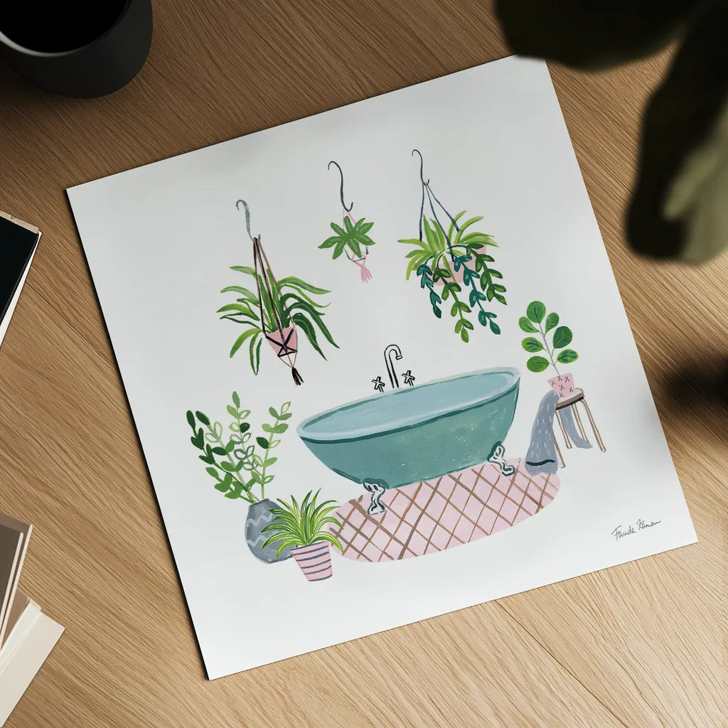 Green Bathroom II by Farida Zaman. Shown as a detailed flat fine art print, highlighting archival giclee quality. Available as an archival giclee rolled canvas, fine art paper, or poster print. SKU 57350a.