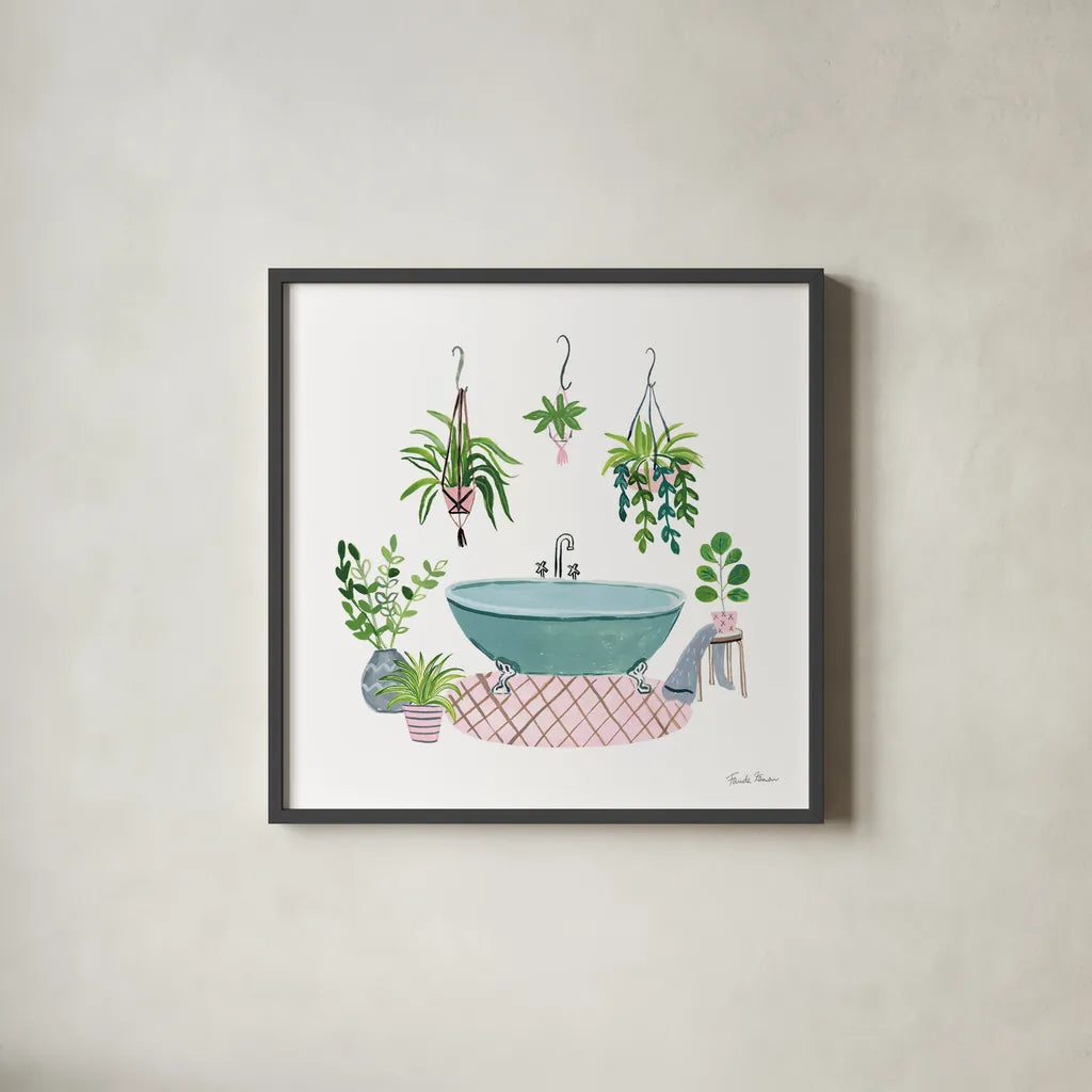 Green Bathroom II by Farida Zaman. Shown in a sleek black glass frame for a contemporary gallery look. Available as an archival giclee rolled canvas, fine art paper, or poster print. SKU 57350a.