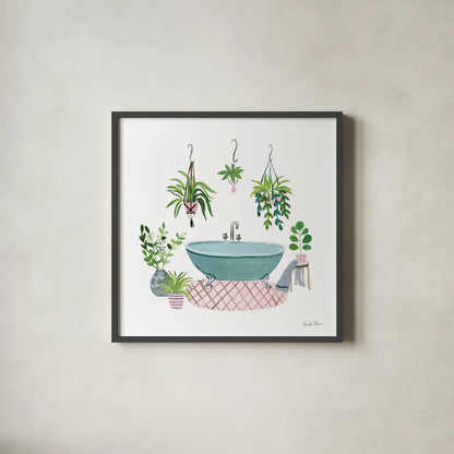 Green Bathroom II by Farida Zaman. Shown in a sleek black glass frame for a contemporary gallery look. Available as an archival giclee rolled canvas, fine art paper, or poster print. SKU 57350a.