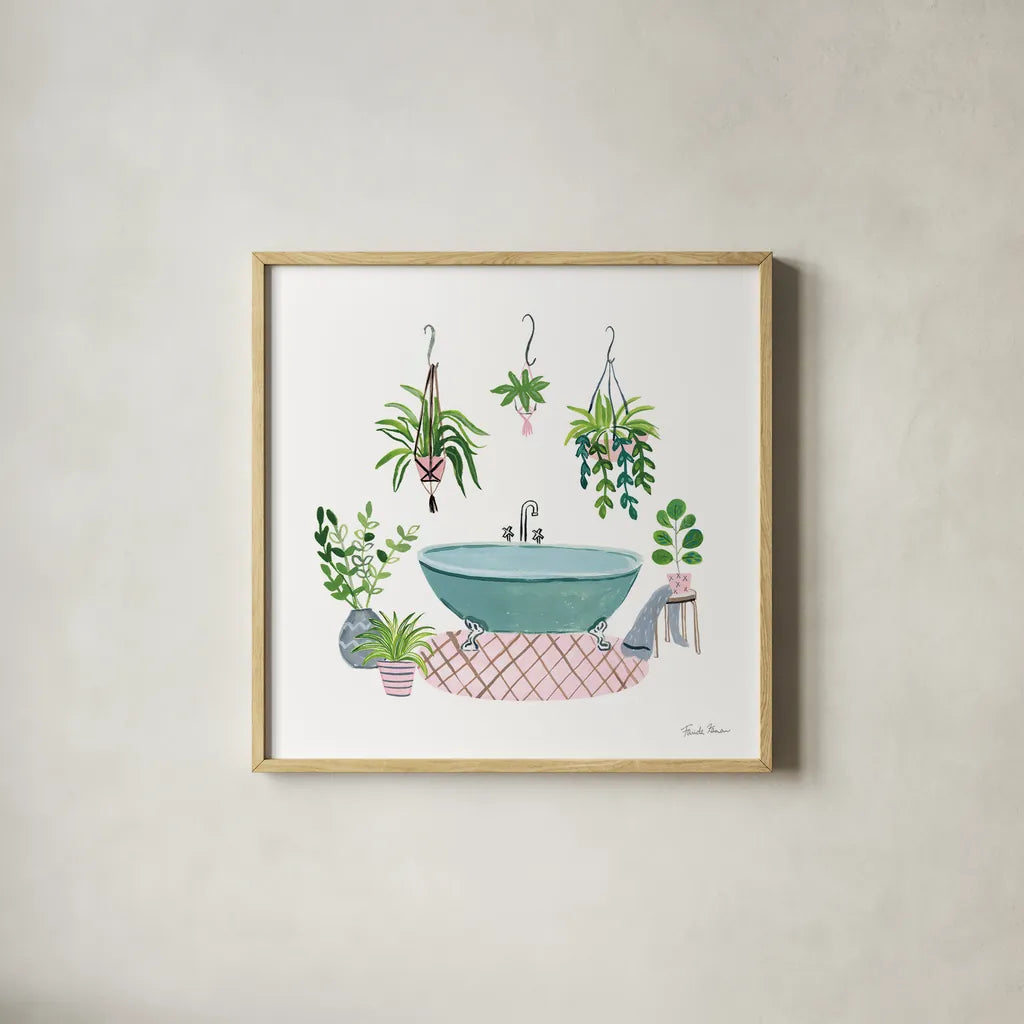 Green Bathroom II by Farida Zaman. Shown in a natural wood glass frame for a timeless modern aesthetic. Available as an archival giclee rolled canvas, fine art paper, or poster print. SKU 57350a.