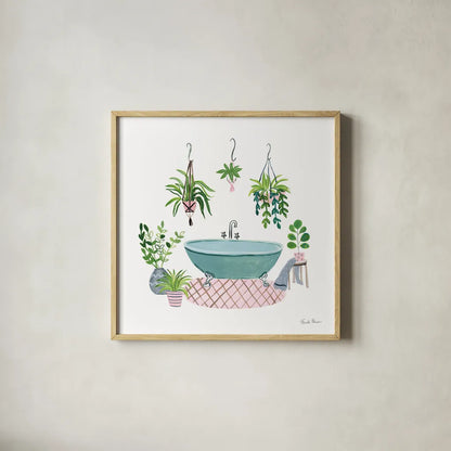 Green Bathroom II by Farida Zaman. Shown in a natural wood glass frame for a timeless modern aesthetic. Available as an archival giclee rolled canvas, fine art paper, or poster print. SKU 57350a.