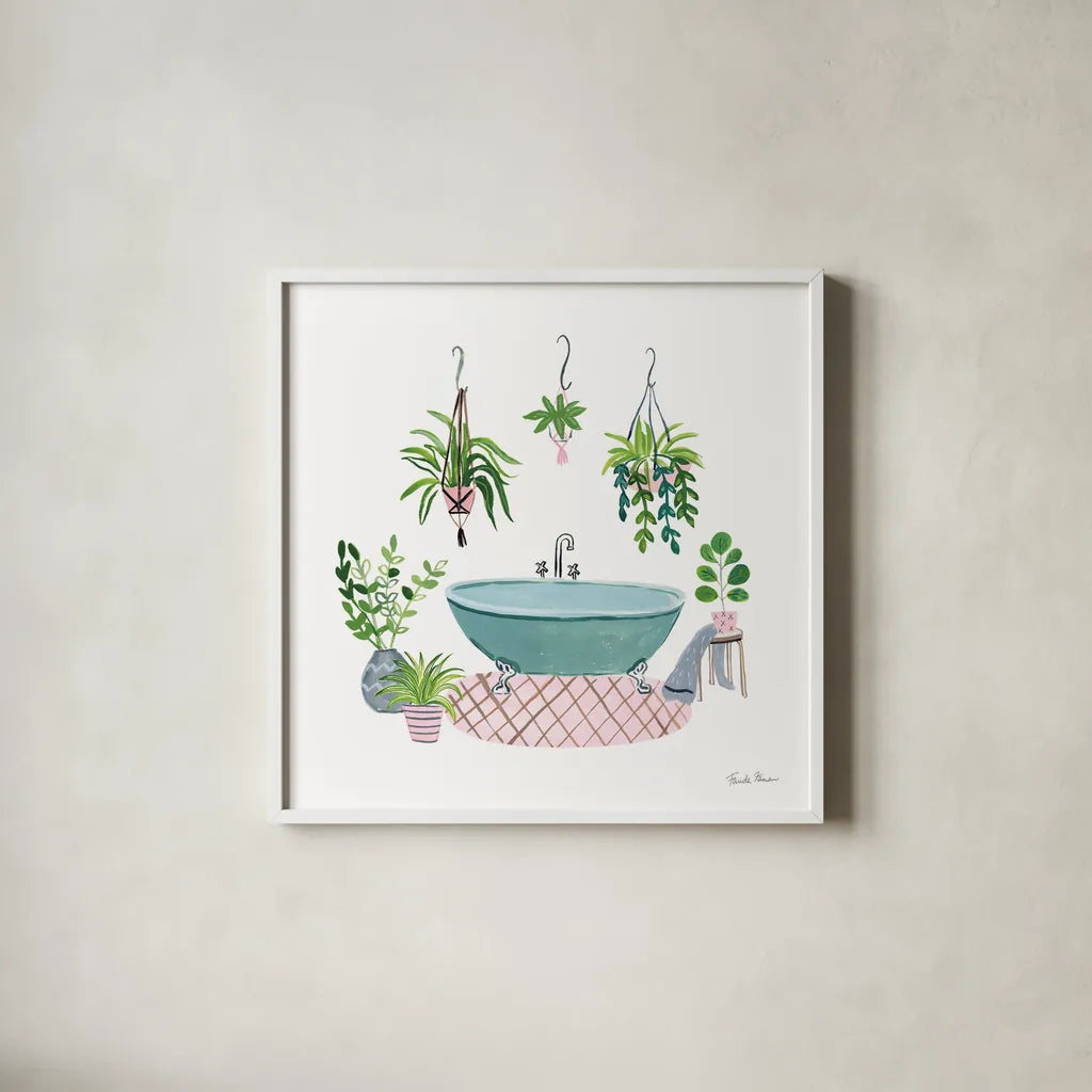Green Bathroom II by Farida Zaman. Shown in a crisp white glass frame for a clean and minimalist style. Available as an archival giclee rolled canvas, fine art paper, or poster print. SKU 57350a.