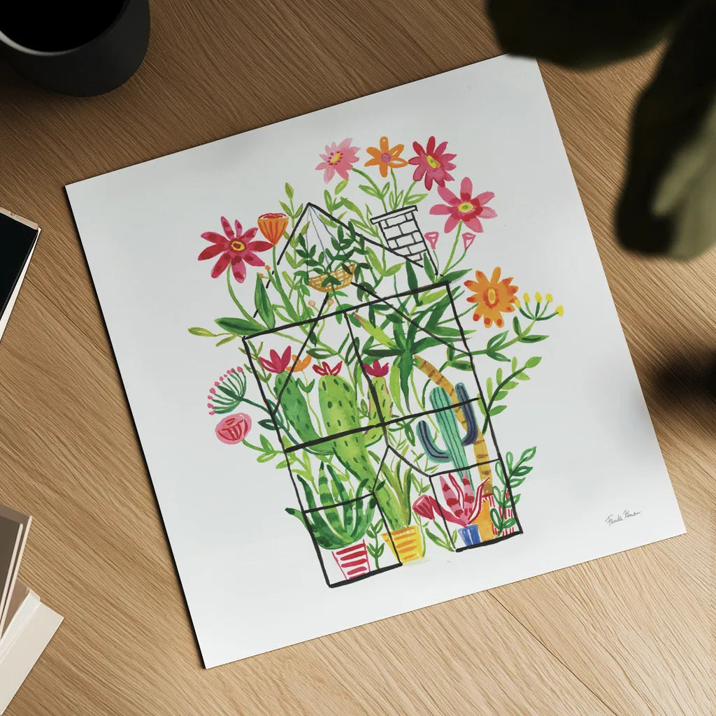 Greenhouse Blooming III by Farida Zaman. Shown as a detailed flat fine art print, highlighting archival giclee quality. Available as an archival giclee rolled canvas, fine art paper, or poster print. SKU 77951a.