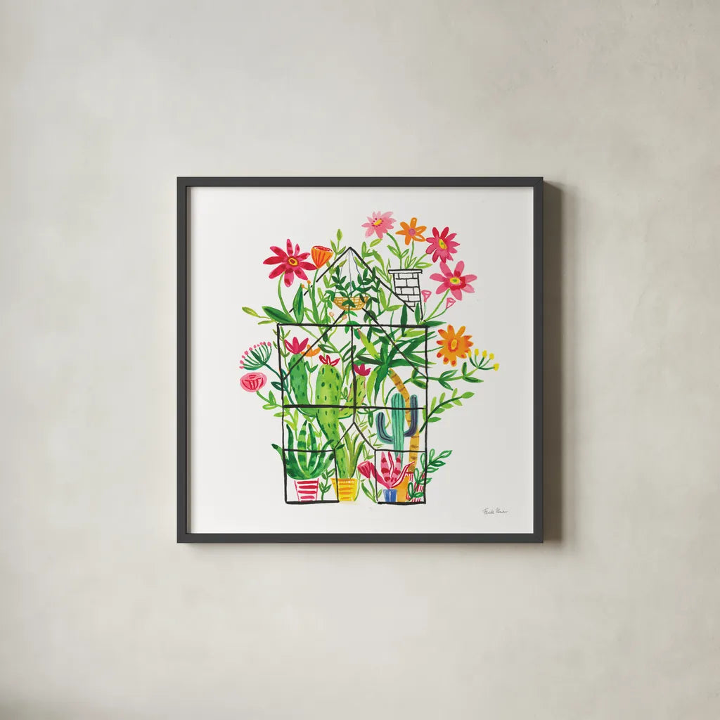 Greenhouse Blooming III by Farida Zaman. Shown in a sleek black glass frame for a contemporary gallery look. Available as an archival giclee rolled canvas, fine art paper, or poster print. SKU 77951a.