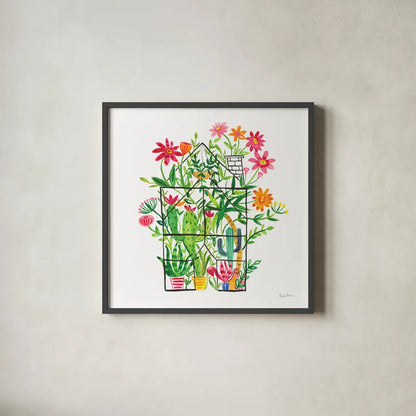 Greenhouse Blooming III by Farida Zaman. Shown in a sleek black glass frame for a contemporary gallery look. Available as an archival giclee rolled canvas, fine art paper, or poster print. SKU 77951a.