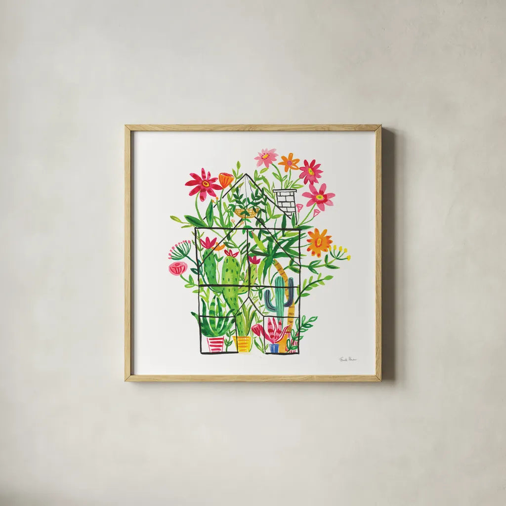 Greenhouse Blooming III by Farida Zaman. Shown in a natural wood glass frame for a timeless modern aesthetic. Available as an archival giclee rolled canvas, fine art paper, or poster print. SKU 77951a.