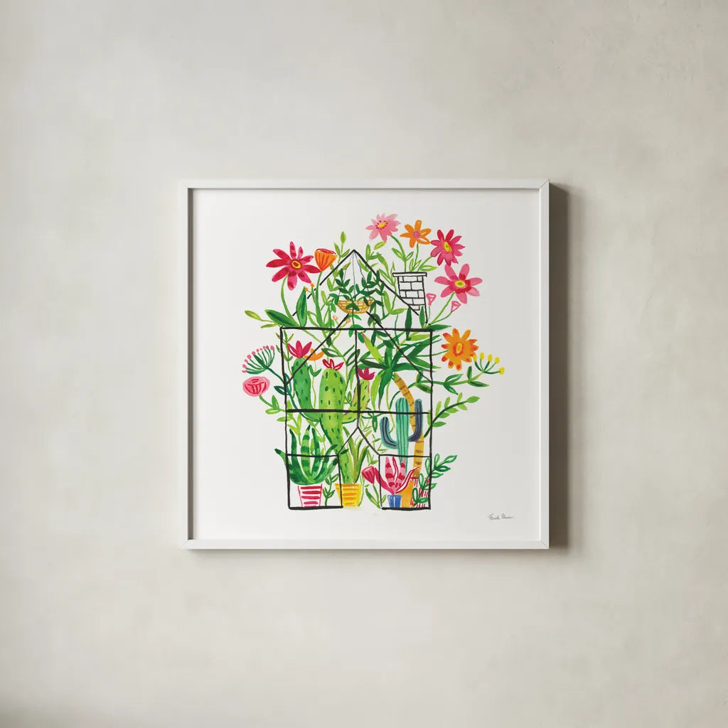 Greenhouse Blooming III by Farida Zaman. Shown in a crisp white glass frame for a clean and minimalist style. Available as an archival giclee rolled canvas, fine art paper, or poster print. SKU 77951a.