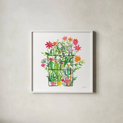 Greenhouse Blooming III by Farida Zaman. Shown in a crisp white glass frame for a clean and minimalist style. Available as an archival giclee rolled canvas, fine art paper, or poster print. SKU 77951a.