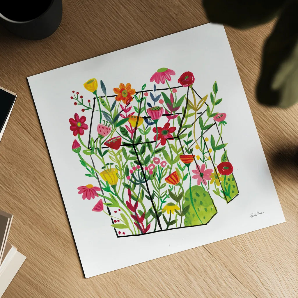 Greenhouse Blooming IV by Farida Zaman. Shown as a detailed flat fine art print, highlighting archival giclee quality. Available as an archival giclee rolled canvas, fine art paper, or poster print. SKU 77952a.