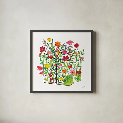 Greenhouse Blooming IV by Farida Zaman. Shown in a sleek black glass frame for a contemporary gallery look. Available as an archival giclee rolled canvas, fine art paper, or poster print. SKU 77952a.