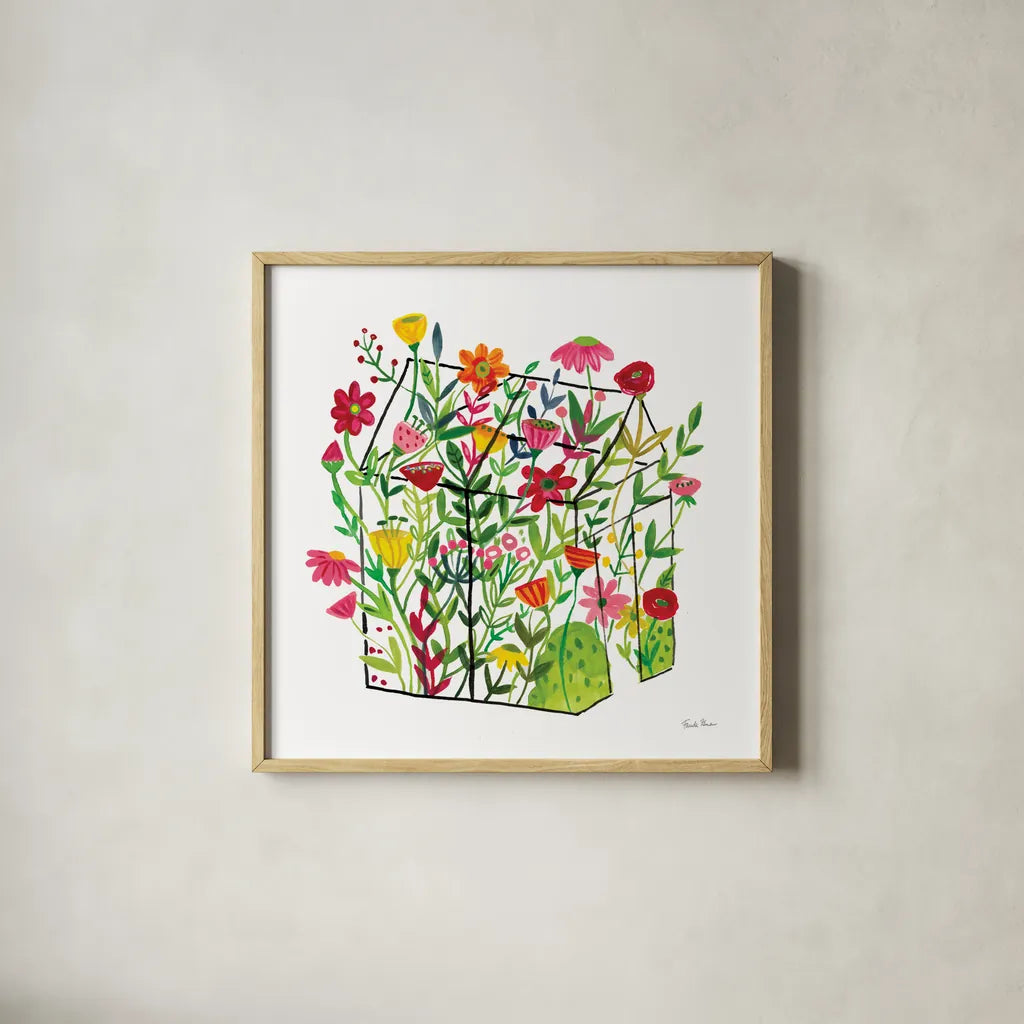 Greenhouse Blooming IV by Farida Zaman. Shown in a natural wood glass frame for a timeless modern aesthetic. Available as an archival giclee rolled canvas, fine art paper, or poster print. SKU 77952a.