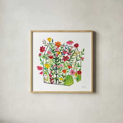 Greenhouse Blooming IV by Farida Zaman. Shown in a natural wood glass frame for a timeless modern aesthetic. Available as an archival giclee rolled canvas, fine art paper, or poster print. SKU 77952a.