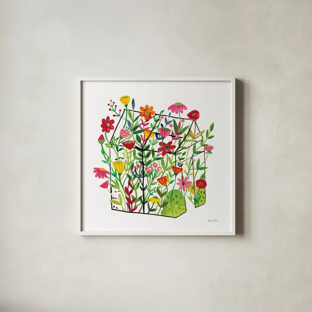 Greenhouse Blooming IV by Farida Zaman. Shown in a crisp white glass frame for a clean and minimalist style. Available as an archival giclee rolled canvas, fine art paper, or poster print. SKU 77952a.