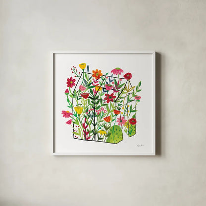 Greenhouse Blooming IV by Farida Zaman. Shown in a crisp white glass frame for a clean and minimalist style. Available as an archival giclee rolled canvas, fine art paper, or poster print. SKU 77952a.