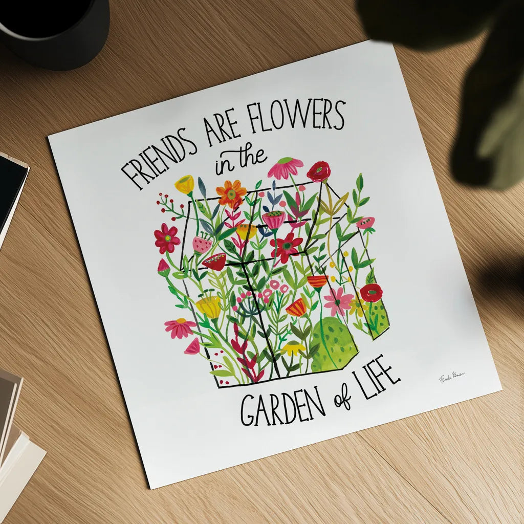 Greenhouse Blooming IV Friends by Farida Zaman. Shown as a detailed flat fine art print, highlighting archival giclee quality. Available as an archival giclee rolled canvas, fine art paper, or poster print. SKU 81456a.