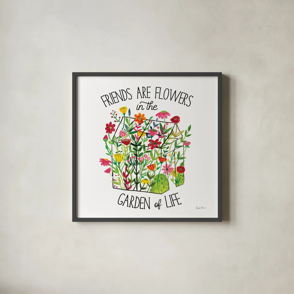 Greenhouse Blooming IV Friends by Farida Zaman. Shown in a sleek black glass frame for a contemporary gallery look. Available as an archival giclee rolled canvas, fine art paper, or poster print. SKU 81456a.