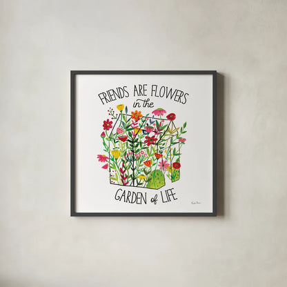Greenhouse Blooming IV Friends by Farida Zaman. Shown in a sleek black glass frame for a contemporary gallery look. Available as an archival giclee rolled canvas, fine art paper, or poster print. SKU 81456a.