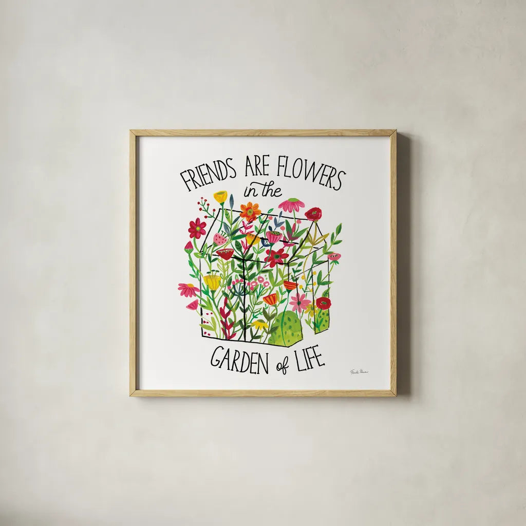 Greenhouse Blooming IV Friends by Farida Zaman. Shown in a natural wood glass frame for a timeless modern aesthetic. Available as an archival giclee rolled canvas, fine art paper, or poster print. SKU 81456a.