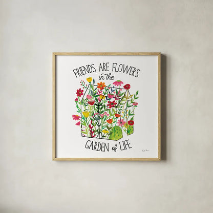 Greenhouse Blooming IV Friends by Farida Zaman. Shown in a natural wood glass frame for a timeless modern aesthetic. Available as an archival giclee rolled canvas, fine art paper, or poster print. SKU 81456a.