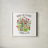 Greenhouse Blooming IV Friends by Farida Zaman. Shown in a crisp white glass frame for a clean and minimalist style. Available as an archival giclee rolled canvas, fine art paper, or poster print. SKU 81456a.