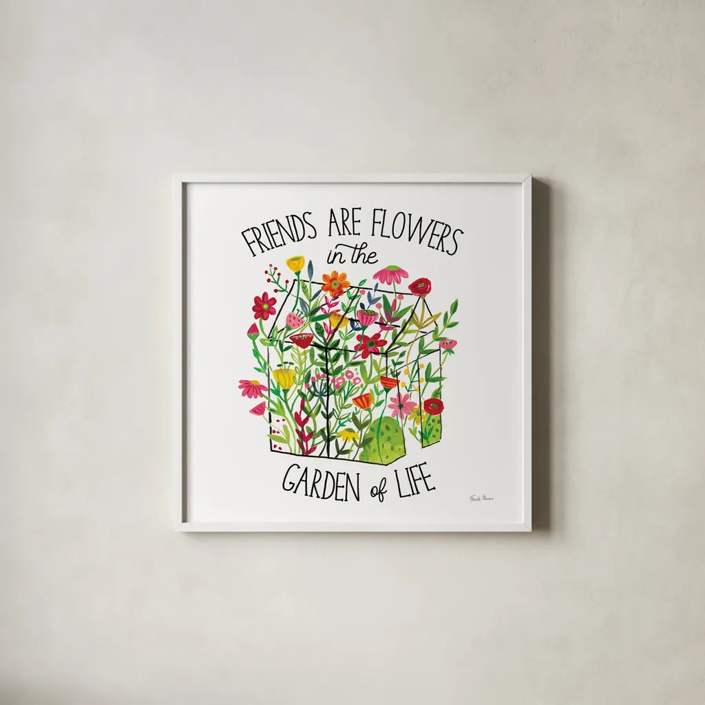 Greenhouse Blooming IV Friends by Farida Zaman. Shown in a crisp white glass frame for a clean and minimalist style. Available as an archival giclee rolled canvas, fine art paper, or poster print. SKU 81456a.