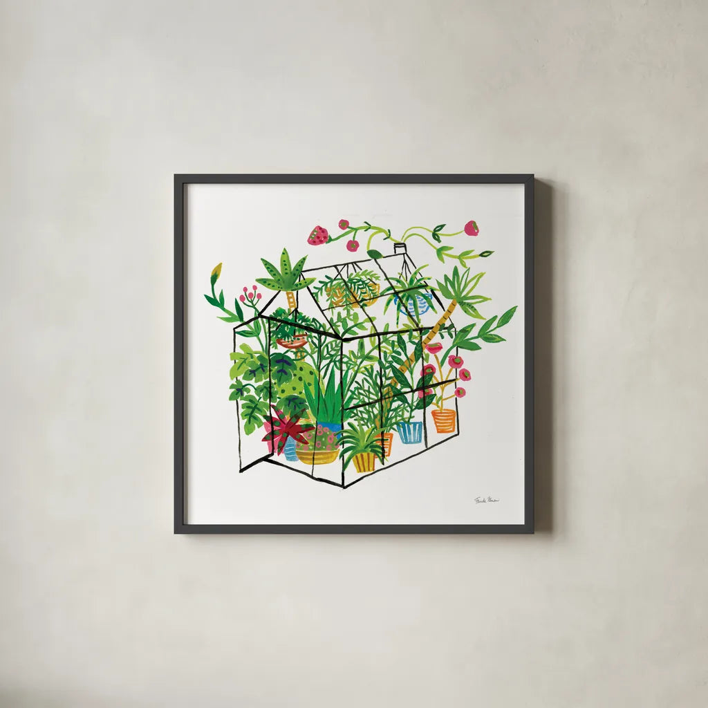 Greenhouse Blooming V by Farida Zaman. Shown in a sleek black glass frame for a contemporary gallery look. Available as an archival giclee rolled canvas, fine art paper, or poster print. SKU 77953a.