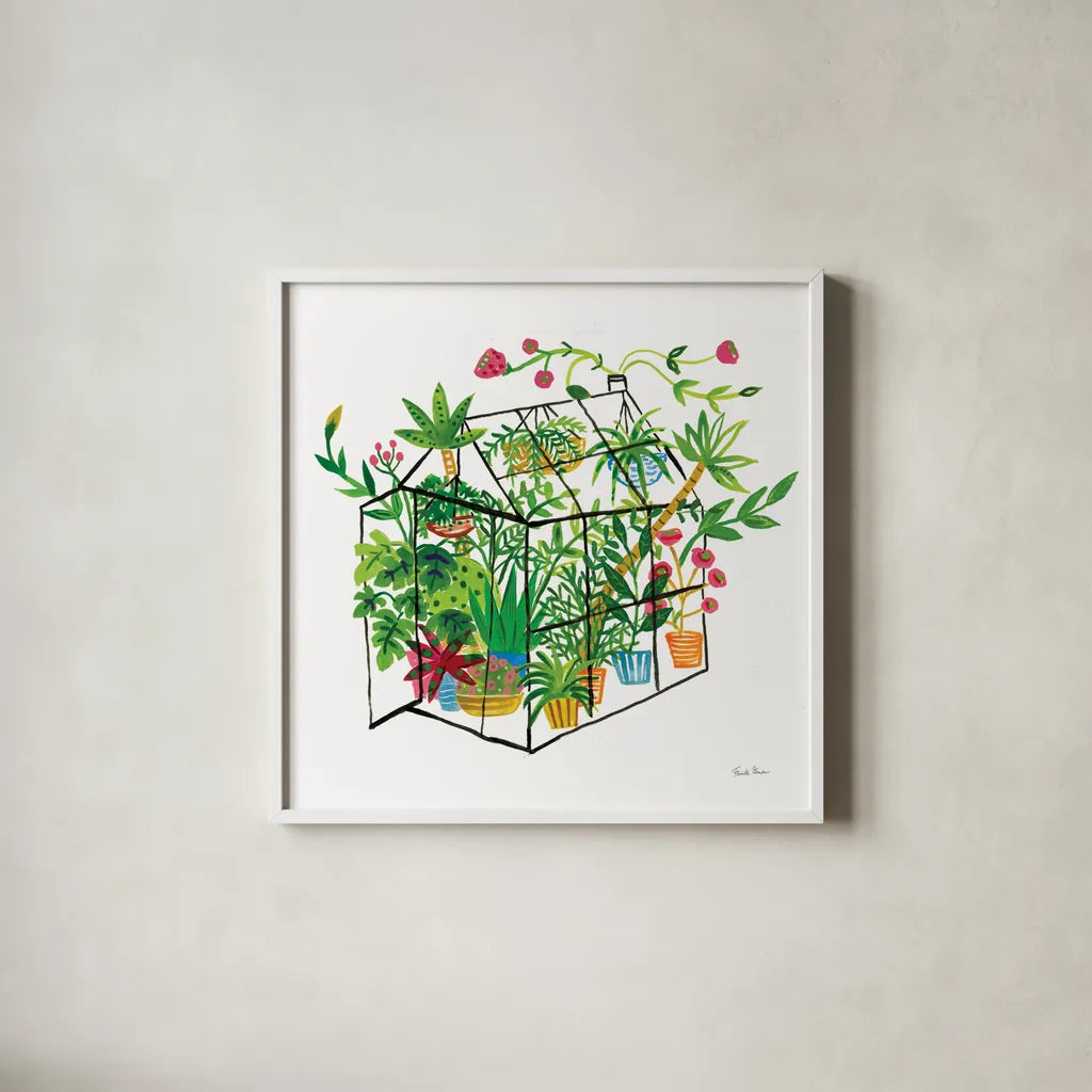 Greenhouse Blooming V by Farida Zaman. Shown in a crisp white glass frame for a clean and minimalist style. Available as an archival giclee rolled canvas, fine art paper, or poster print. SKU 77953a.