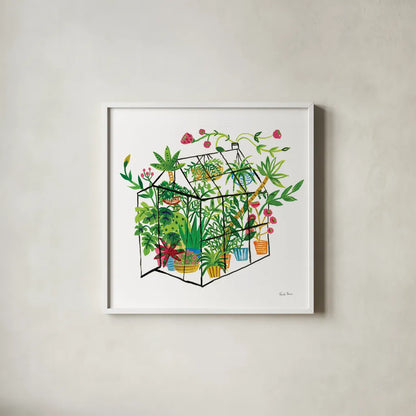 Greenhouse Blooming V by Farida Zaman. Shown in a crisp white glass frame for a clean and minimalist style. Available as an archival giclee rolled canvas, fine art paper, or poster print. SKU 77953a.