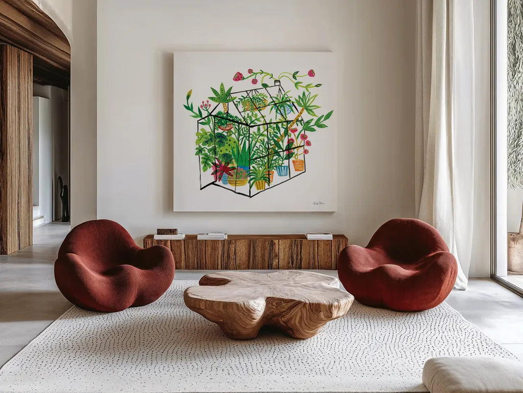 Greenhouse Blooming V by Farida Zaman. Shown as extra-large giant wall art in a modern living room. Available as an archival giclee rolled canvas, fine art paper, or poster print. SKU 77953a.