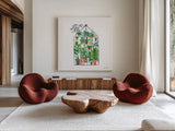 Greenhouse I by Farida Zaman. Shown as extra-large giant wall art in a modern living room. Available as an archival giclee rolled canvas, fine art paper, or poster print. SKU 69507a.