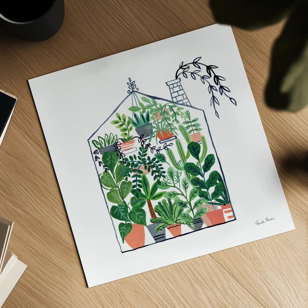 Greenhouse II by Farida Zaman. Shown as a detailed flat fine art print, highlighting archival giclee quality. Available as an archival giclee rolled canvas, fine art paper, or poster print. SKU 69508a.
