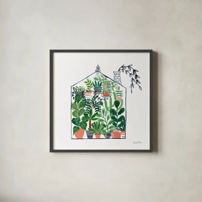 Greenhouse II by Farida Zaman. Shown in a sleek black glass frame for a contemporary gallery look. Available as an archival giclee rolled canvas, fine art paper, or poster print. SKU 69508a.