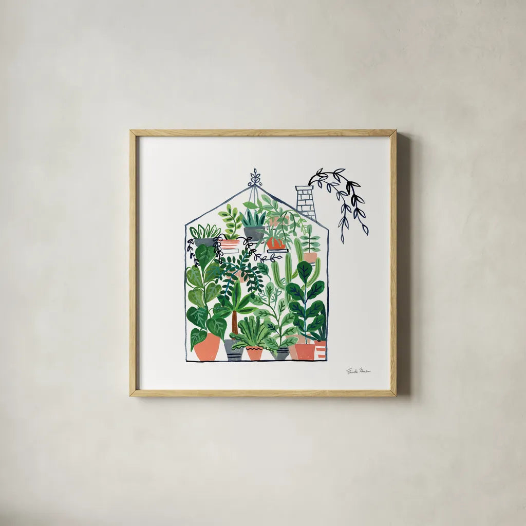Greenhouse II by Farida Zaman. Shown in a natural wood glass frame for a timeless modern aesthetic. Available as an archival giclee rolled canvas, fine art paper, or poster print. SKU 69508a.