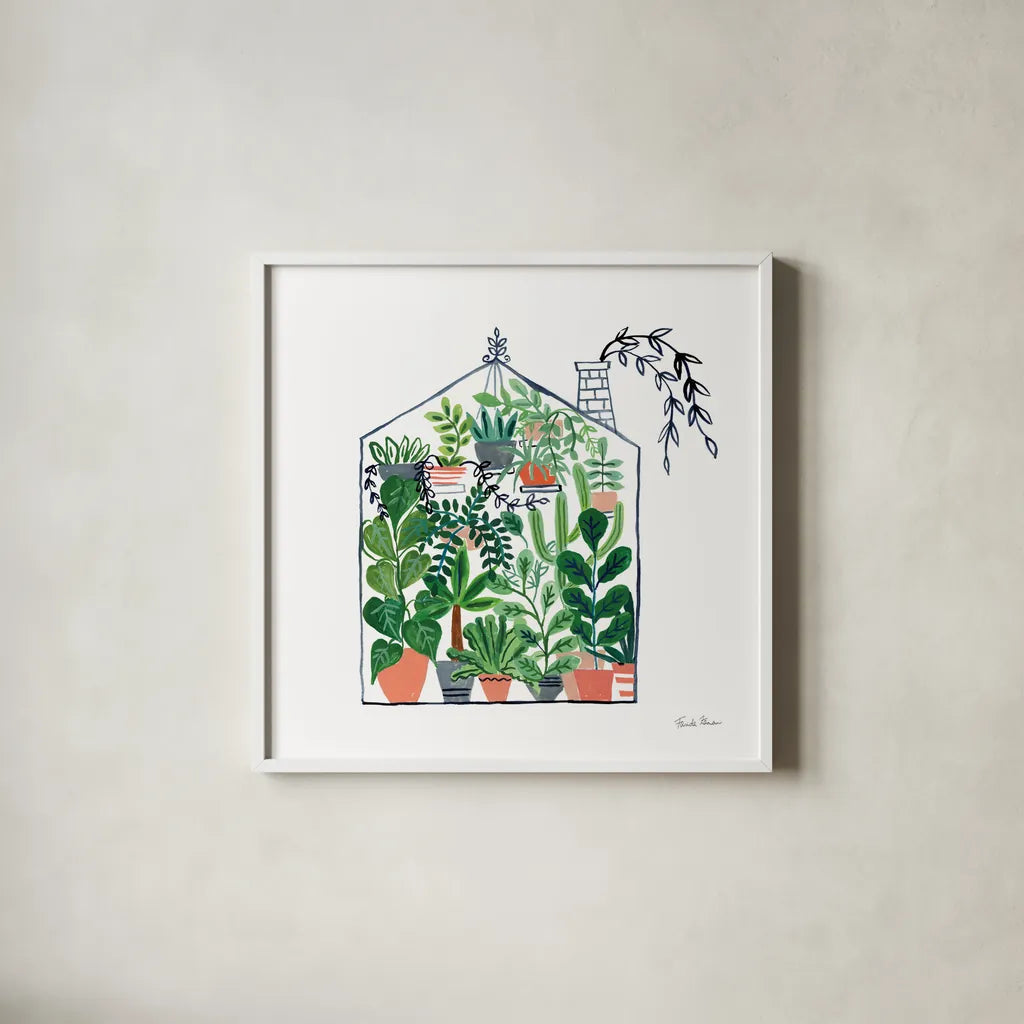 Greenhouse II by Farida Zaman. Shown in a crisp white glass frame for a clean and minimalist style. Available as an archival giclee rolled canvas, fine art paper, or poster print. SKU 69508a.