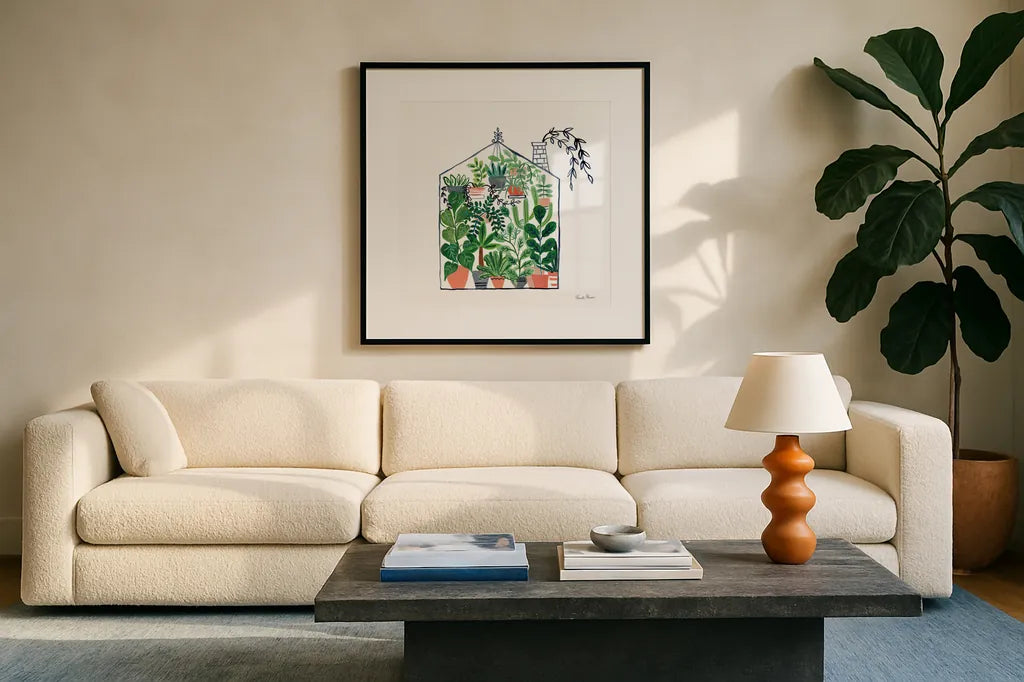 Greenhouse II by Farida Zaman. Displayed in a glass frame with matte in a clean modern living room. Available as an archival giclee rolled canvas, fine art paper, or poster print. SKU 69508a.
