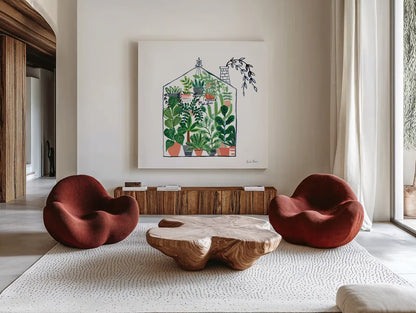 Greenhouse II by Farida Zaman. Shown as extra-large giant wall art in a modern living room. Available as an archival giclee rolled canvas, fine art paper, or poster print. SKU 69508a.