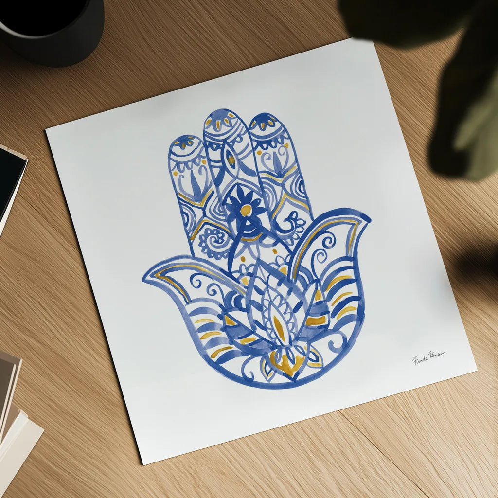 Hamsa I by Farida Zaman. Shown as a detailed flat fine art print, highlighting archival giclee quality. Available as an archival giclee rolled canvas, fine art paper, or poster print. SKU 64352a.