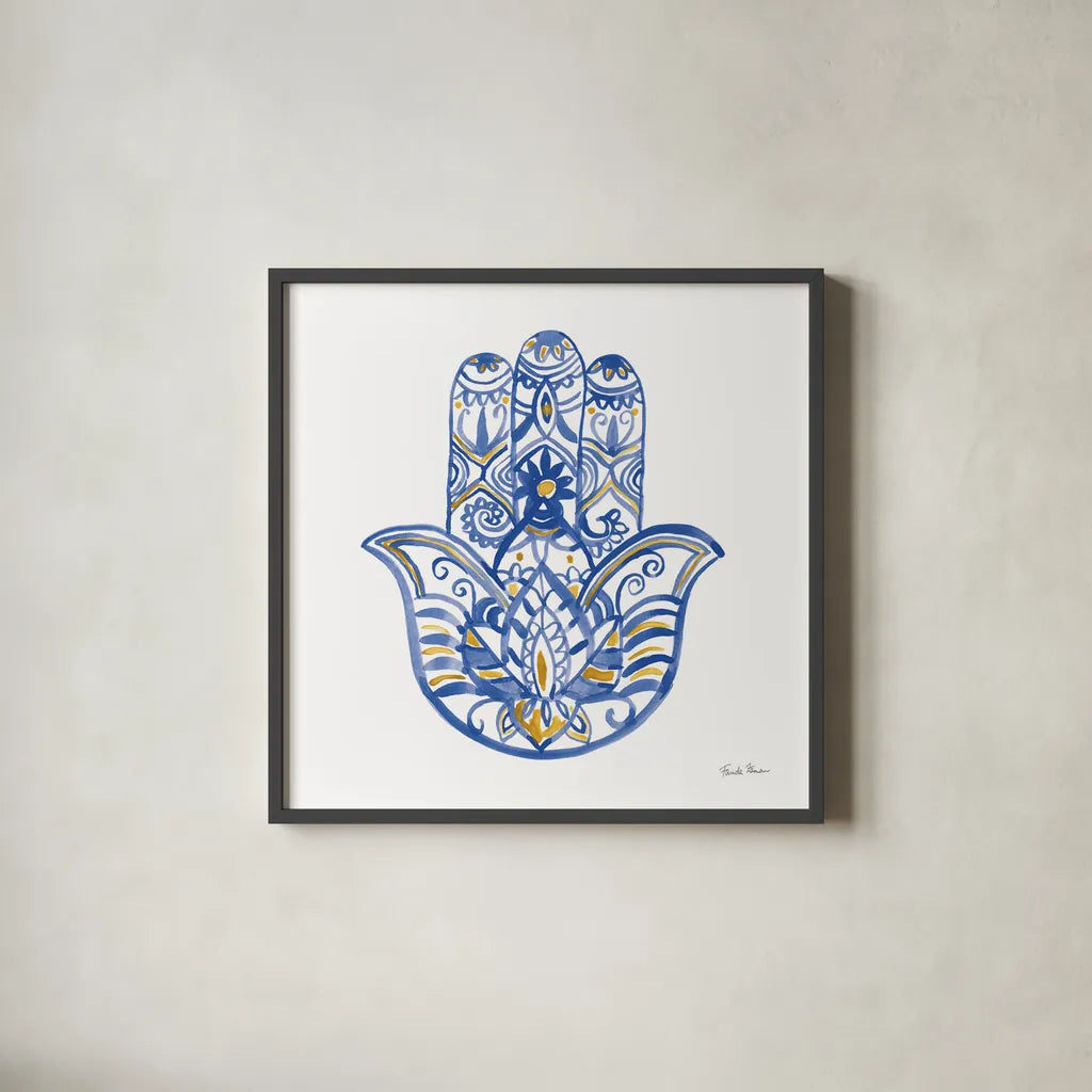 Hamsa I by Farida Zaman. Shown in a sleek black glass frame for a contemporary gallery look. Available as an archival giclee rolled canvas, fine art paper, or poster print. SKU 64352a.