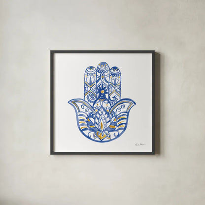 Hamsa I by Farida Zaman. Shown in a sleek black glass frame for a contemporary gallery look. Available as an archival giclee rolled canvas, fine art paper, or poster print. SKU 64352a.