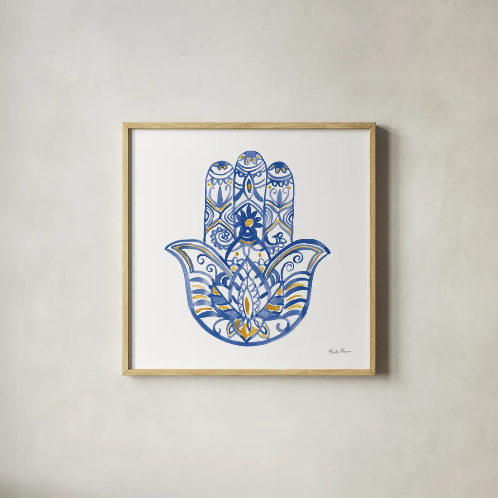 Hamsa I by Farida Zaman. Shown in a natural wood glass frame for a timeless modern aesthetic. Available as an archival giclee rolled canvas, fine art paper, or poster print. SKU 64352a.