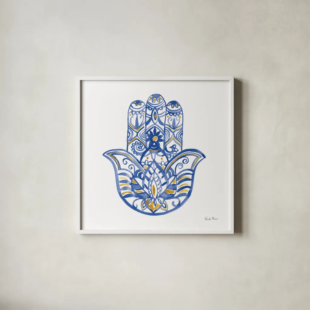 Hamsa I by Farida Zaman. Shown in a crisp white glass frame for a clean and minimalist style. Available as an archival giclee rolled canvas, fine art paper, or poster print. SKU 64352a.