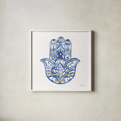 Hamsa I by Farida Zaman. Shown in a crisp white glass frame for a clean and minimalist style. Available as an archival giclee rolled canvas, fine art paper, or poster print. SKU 64352a.