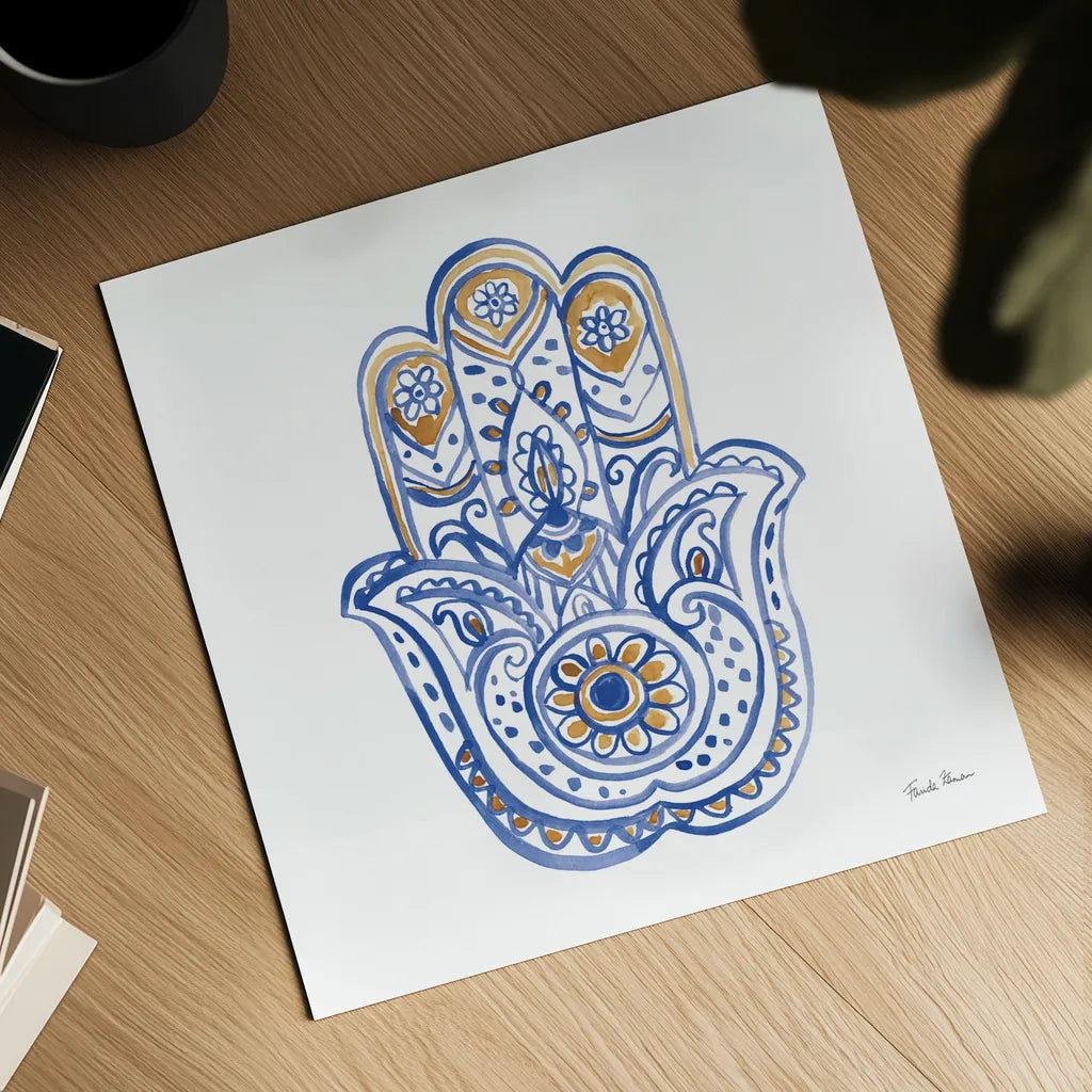 Hamsa II by Farida Zaman. Shown as a detailed flat fine art print, highlighting archival giclee quality. Available as an archival giclee rolled canvas, fine art paper, or poster print. SKU 64353a.