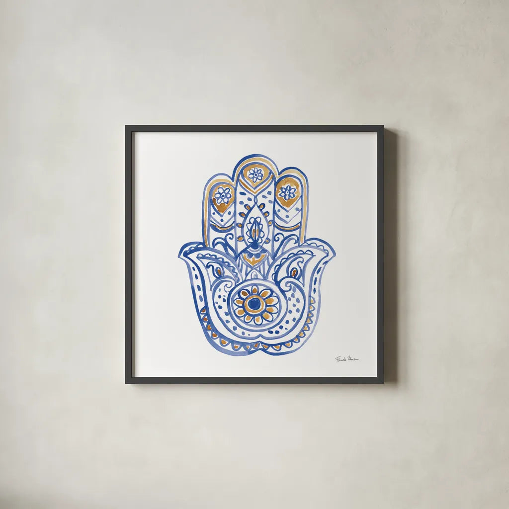 Hamsa II by Farida Zaman. Shown in a sleek black glass frame for a contemporary gallery look. Available as an archival giclee rolled canvas, fine art paper, or poster print. SKU 64353a.
