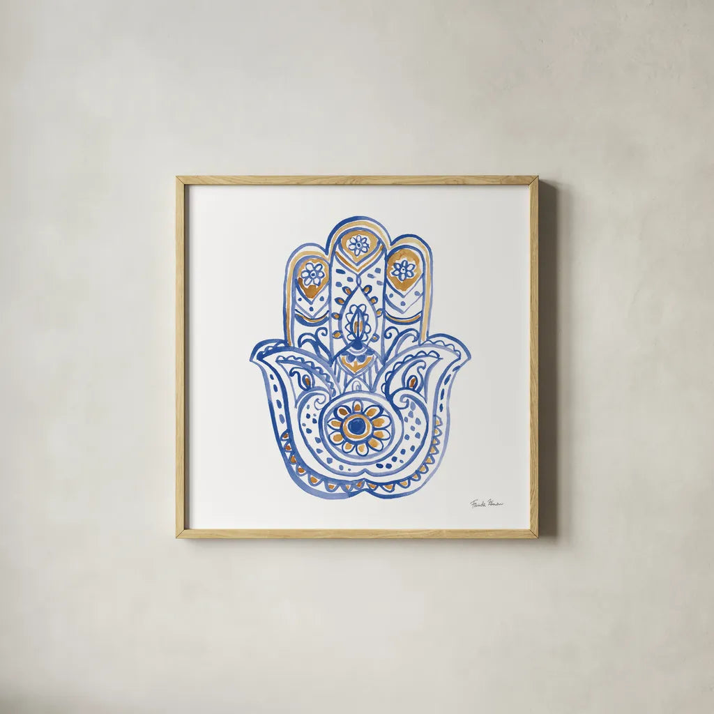 Hamsa II by Farida Zaman. Shown in a natural wood glass frame for a timeless modern aesthetic. Available as an archival giclee rolled canvas, fine art paper, or poster print. SKU 64353a.