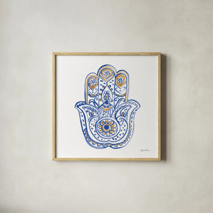 Hamsa II by Farida Zaman. Shown in a natural wood glass frame for a timeless modern aesthetic. Available as an archival giclee rolled canvas, fine art paper, or poster print. SKU 64353a.