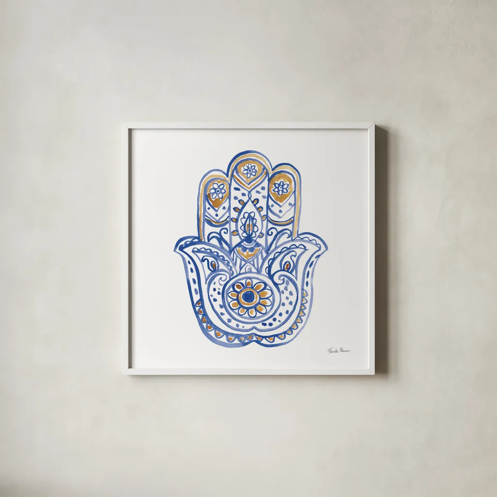 Hamsa II by Farida Zaman. Shown in a crisp white glass frame for a clean and minimalist style. Available as an archival giclee rolled canvas, fine art paper, or poster print. SKU 64353a.